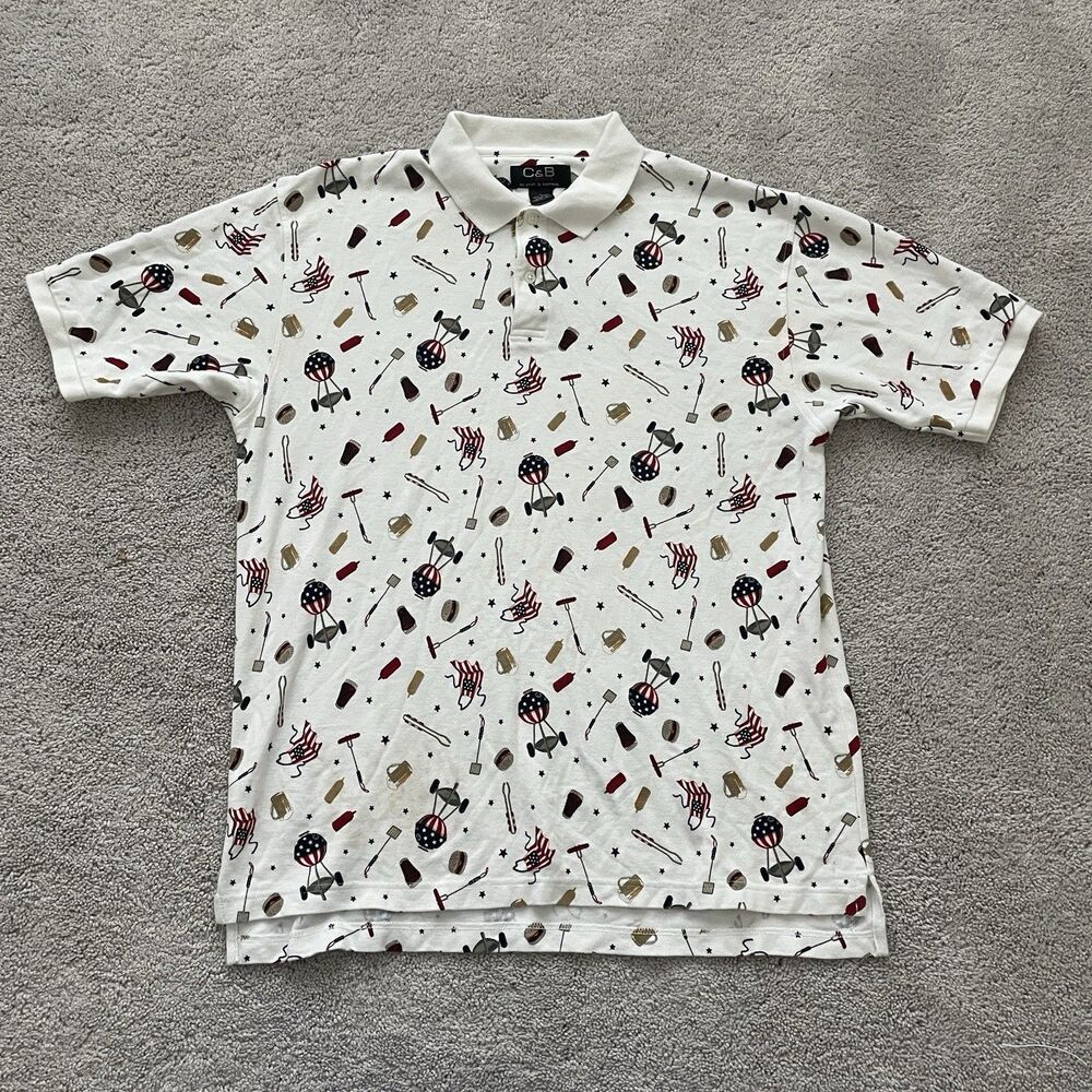 C&B Sport 4th of July Polo Shirt Large Patriotic USA BBQ Beer Hot Dog Burgers